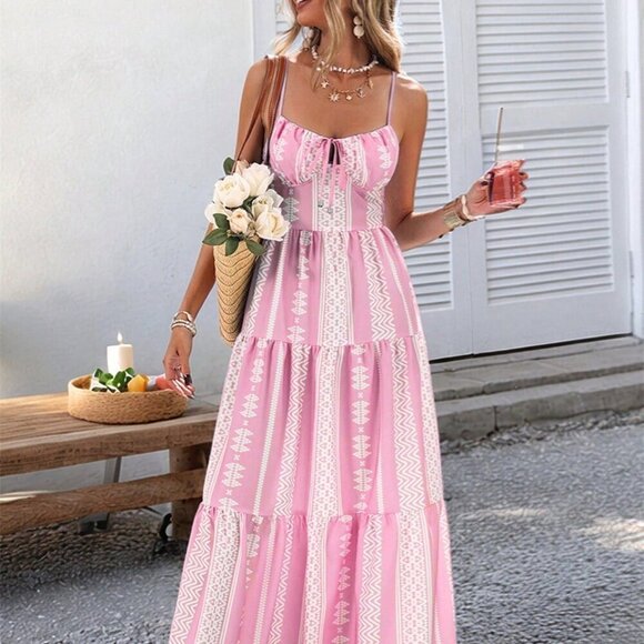Pink Boho Women's Woven Print Spaghetti Strap Long Dress - Picture 6 of 6
